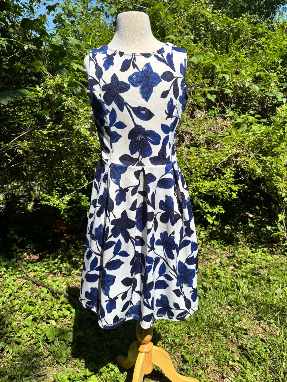 Blue and White Floral Midi Dress - Pink Lilly